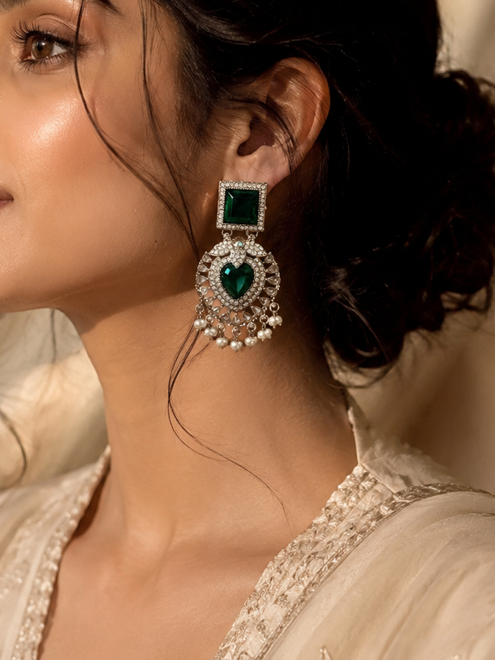 Green Stone Pearl Drop Danglers
