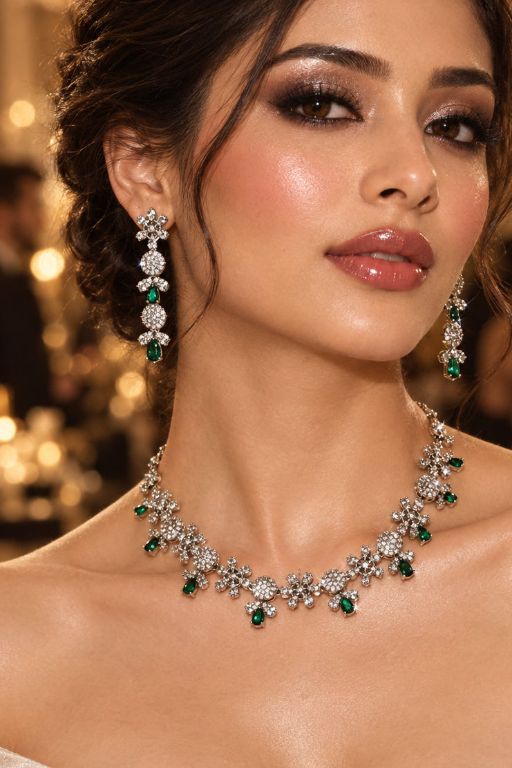Emerald Green Shami Silver CZ Necklace Set