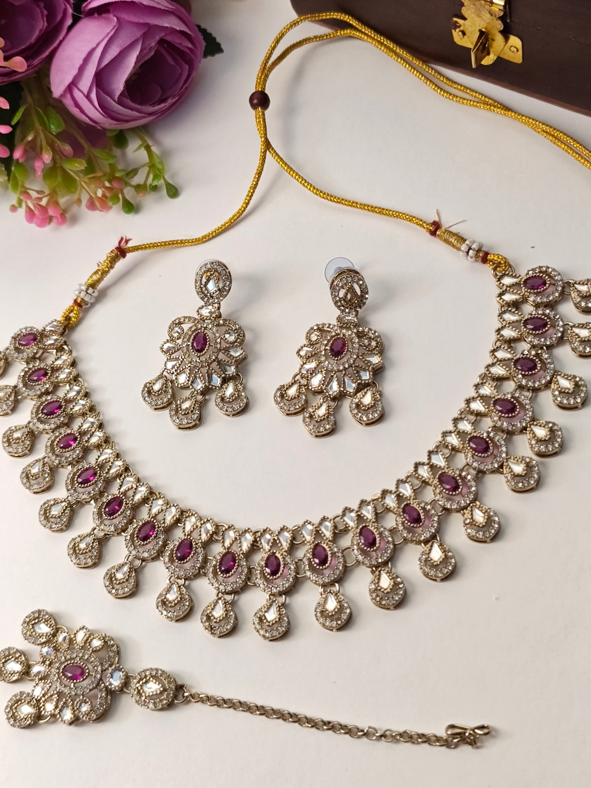 Wine Rhea Floral Necklace Set with Tika | Gold Finish
