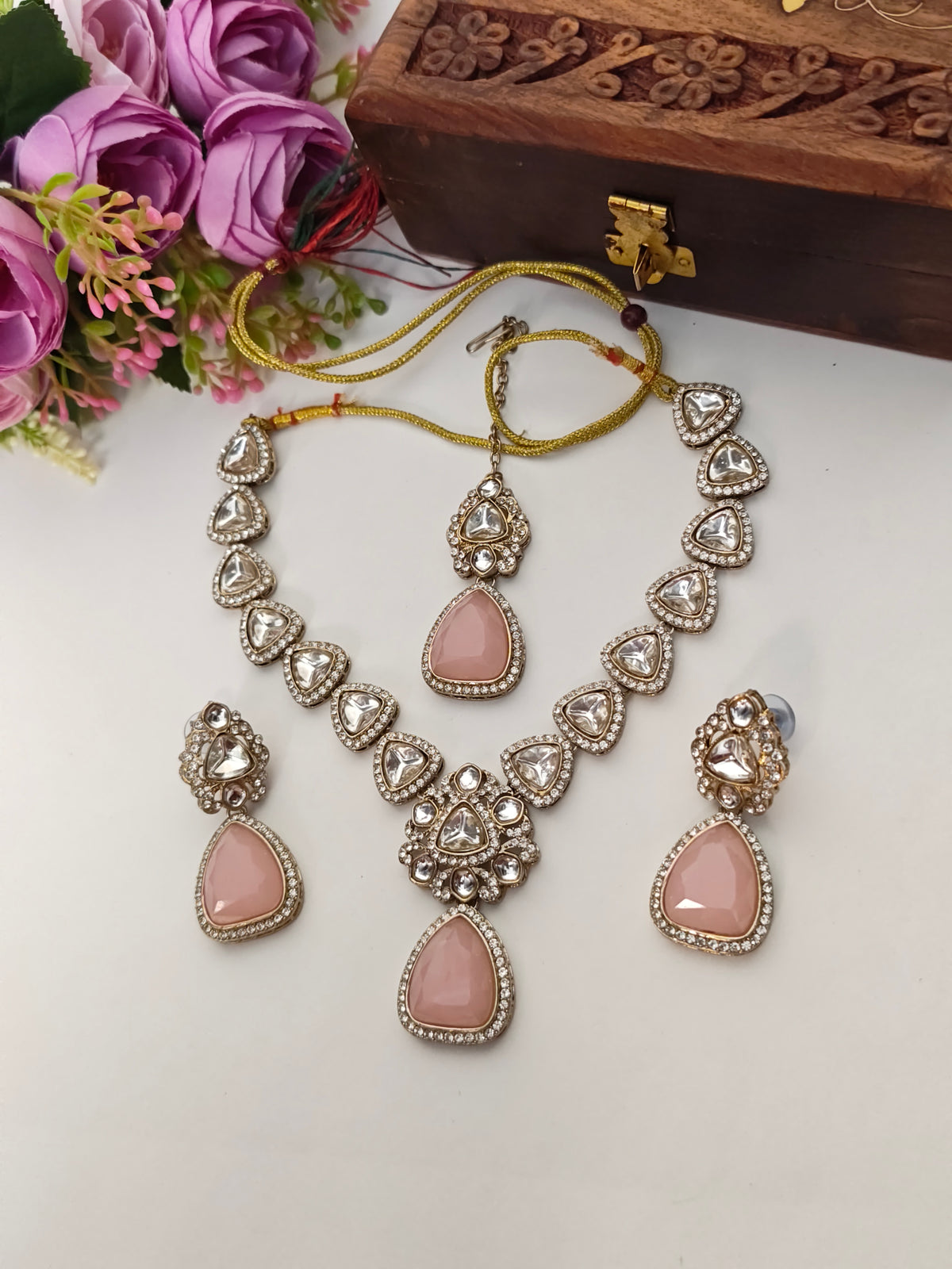 Pink Elara Triangular Stone Necklace Set With Tika | Gold Finish