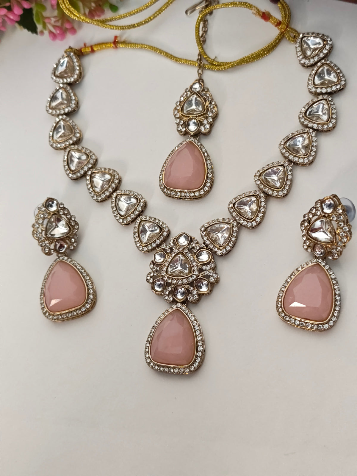 Pink Elara Triangular Stone Necklace Set With Tika | Gold Finish