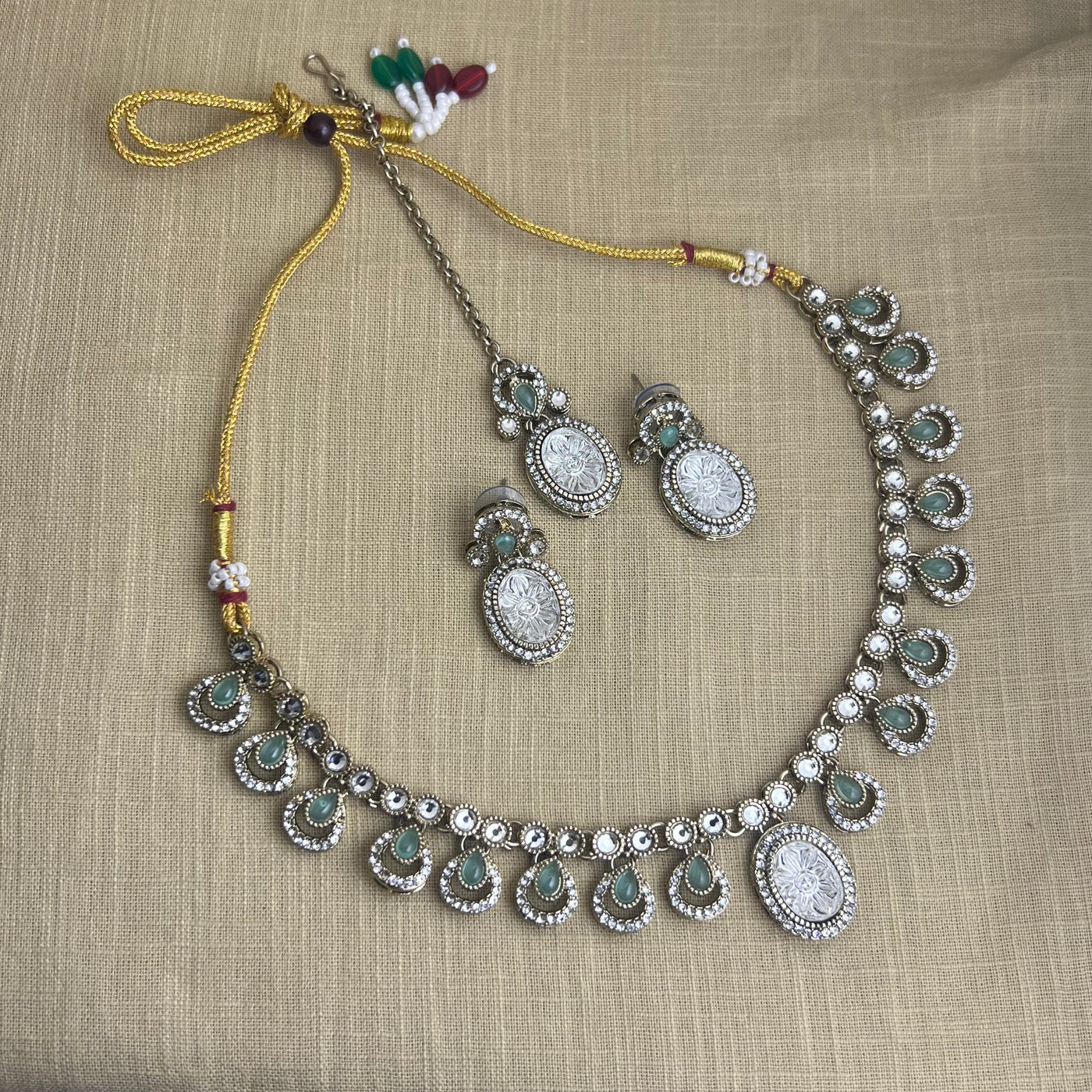 Mint Green Meera Teardrop Floral Necklace Set With Tika | Gold Finish