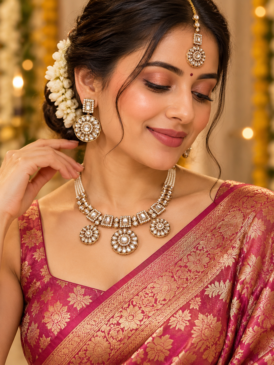 Pearl White-Aarna Floral Necklace Set