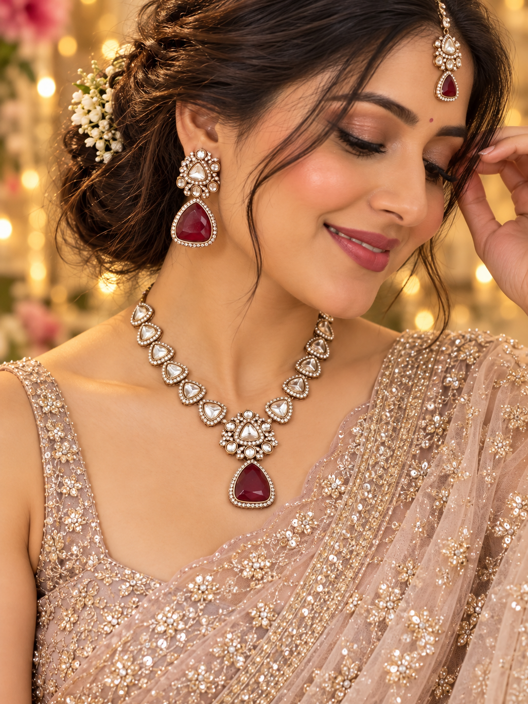 Ruby Red-Eve Triangular Stone Necklace set | Gold Finish