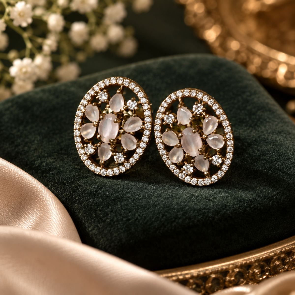 Pink Oval Gold Stud Earrings