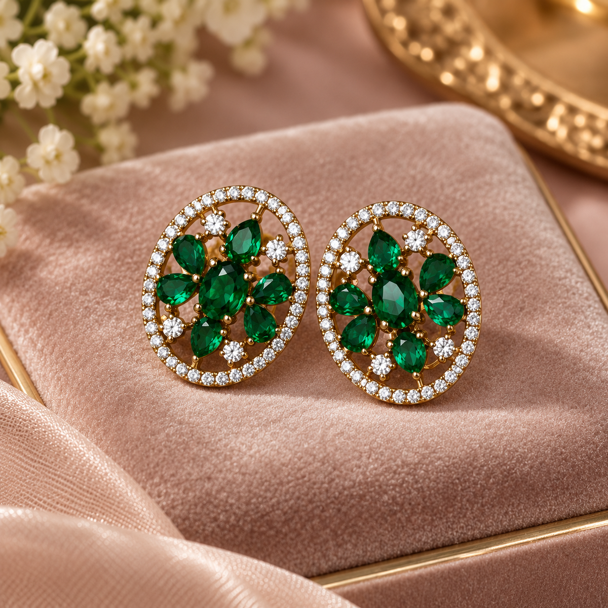Green Oval Gold Stud Earrings