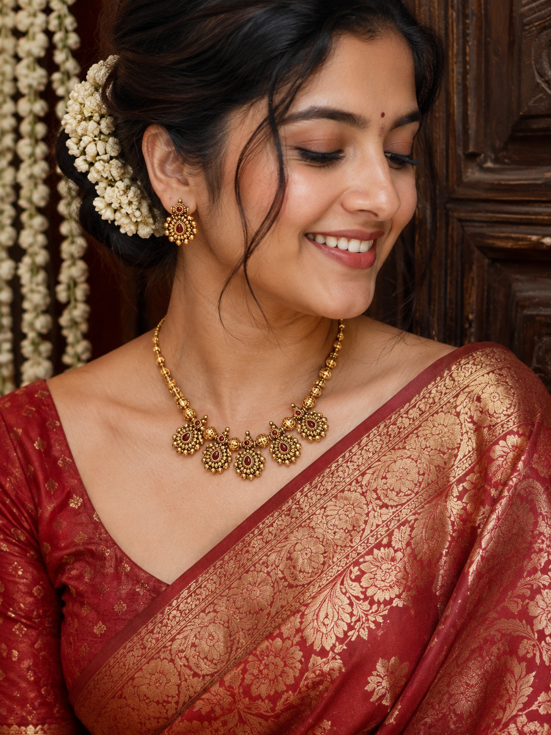 Antique Gold Red Stone-Tara Necklace Set