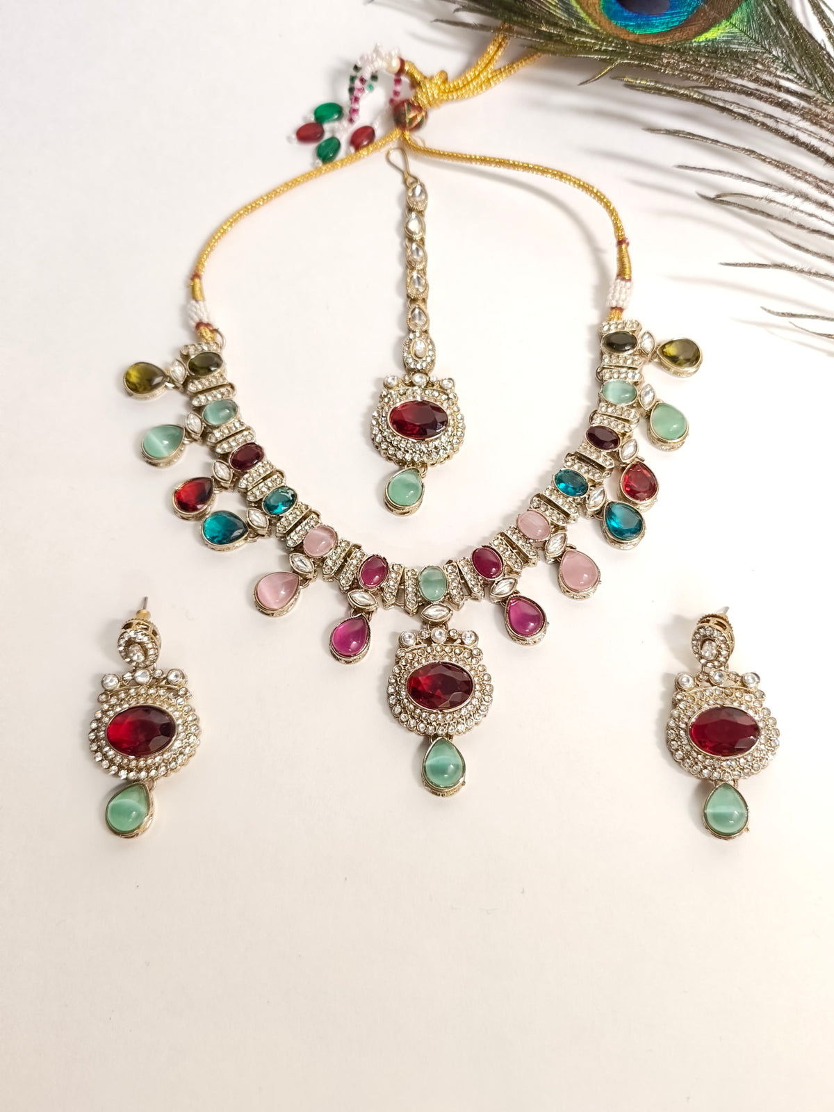 Multicolour-Zoya Victorian Necklace Set With Maang Tika| Gold Finish
