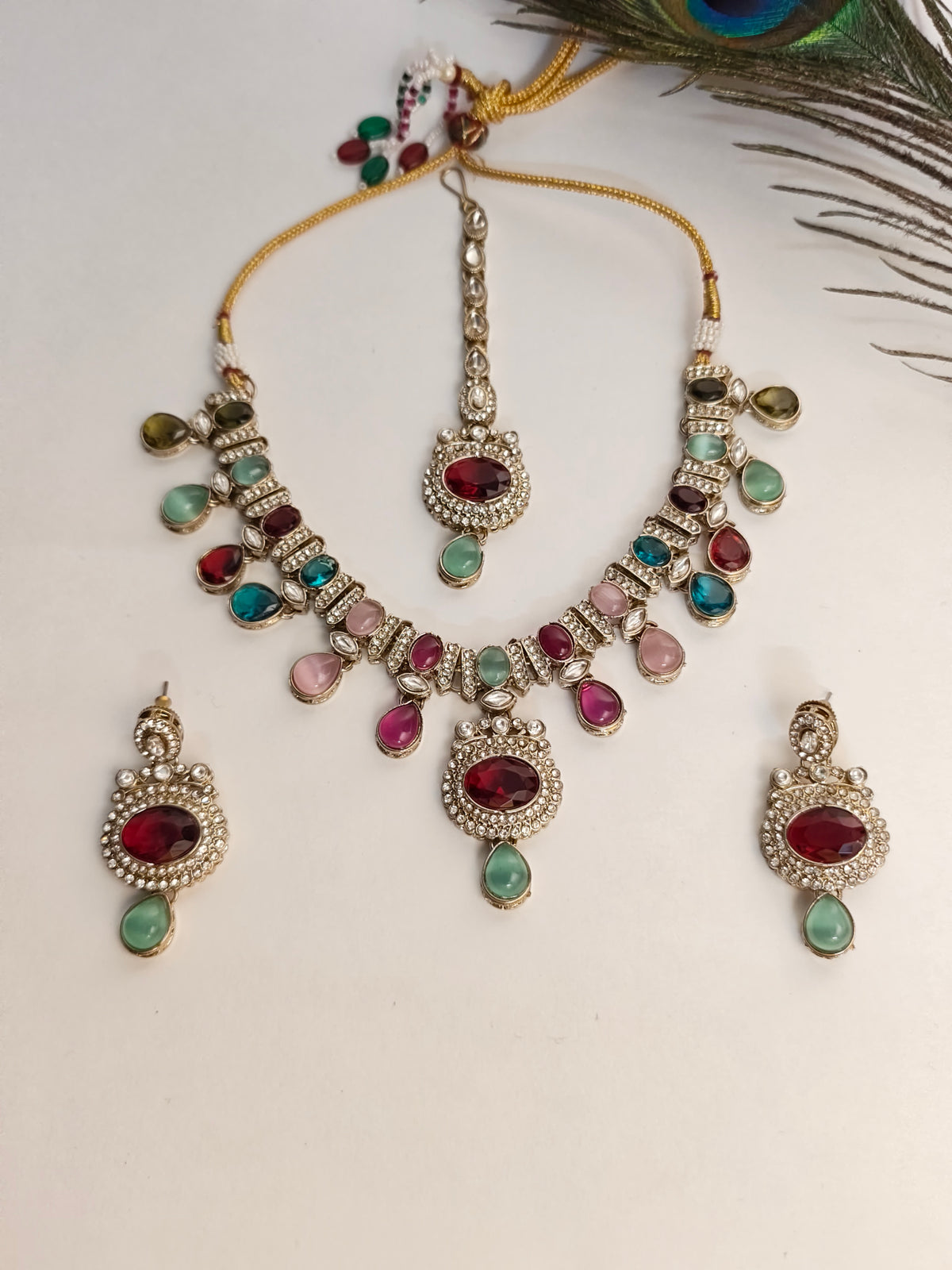 Multicolour-Zoya Victorian Necklace Set With Maang Tika| Gold Finish