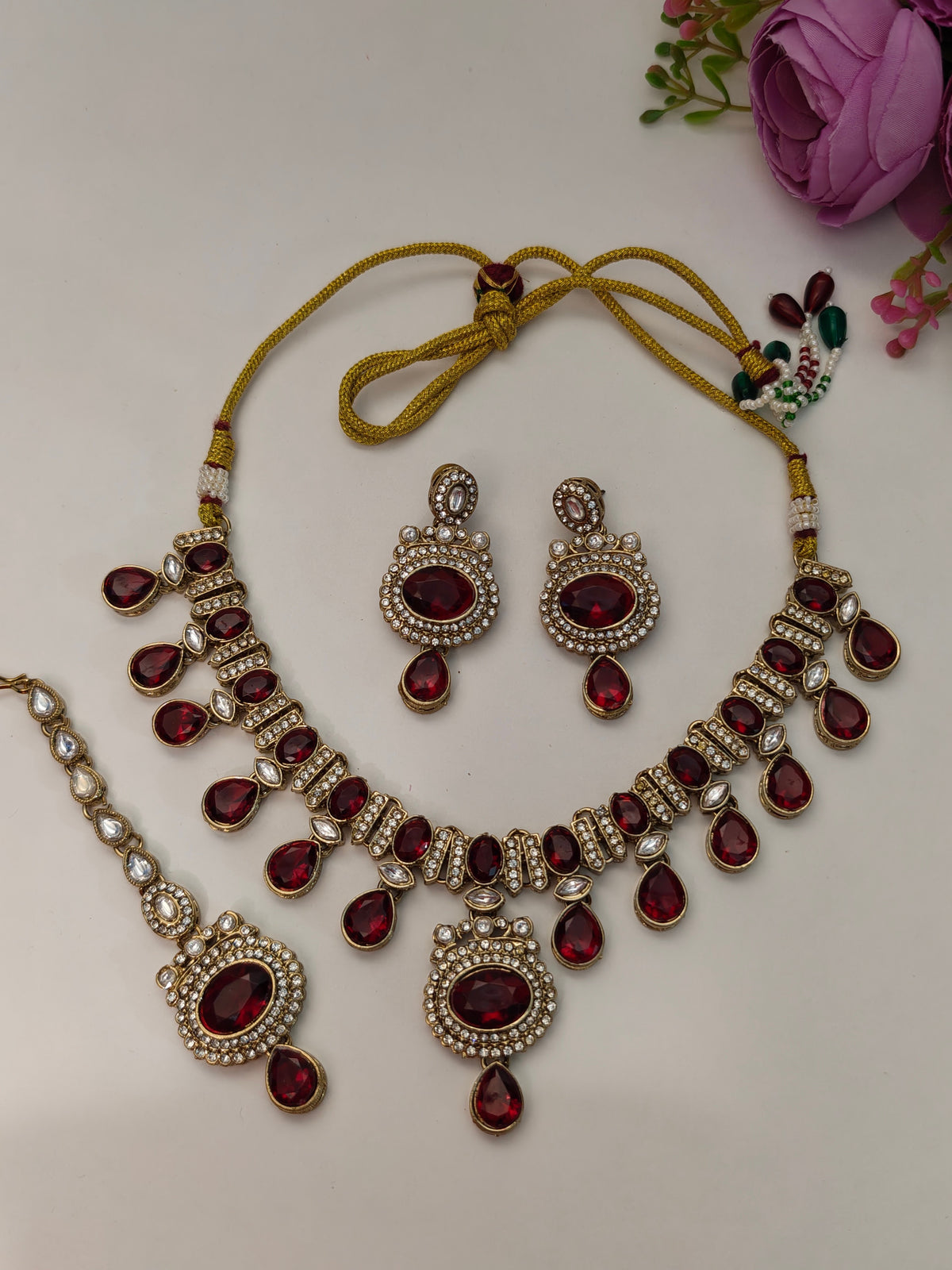 Ruby Red-Zoya Victorian Necklace Set With Maang Tika | Gold Finish