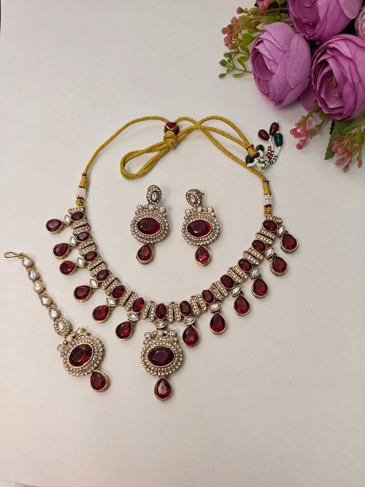 Ruby Red-Zoya Victorian Necklace Set With Maang Tika | Gold Finish