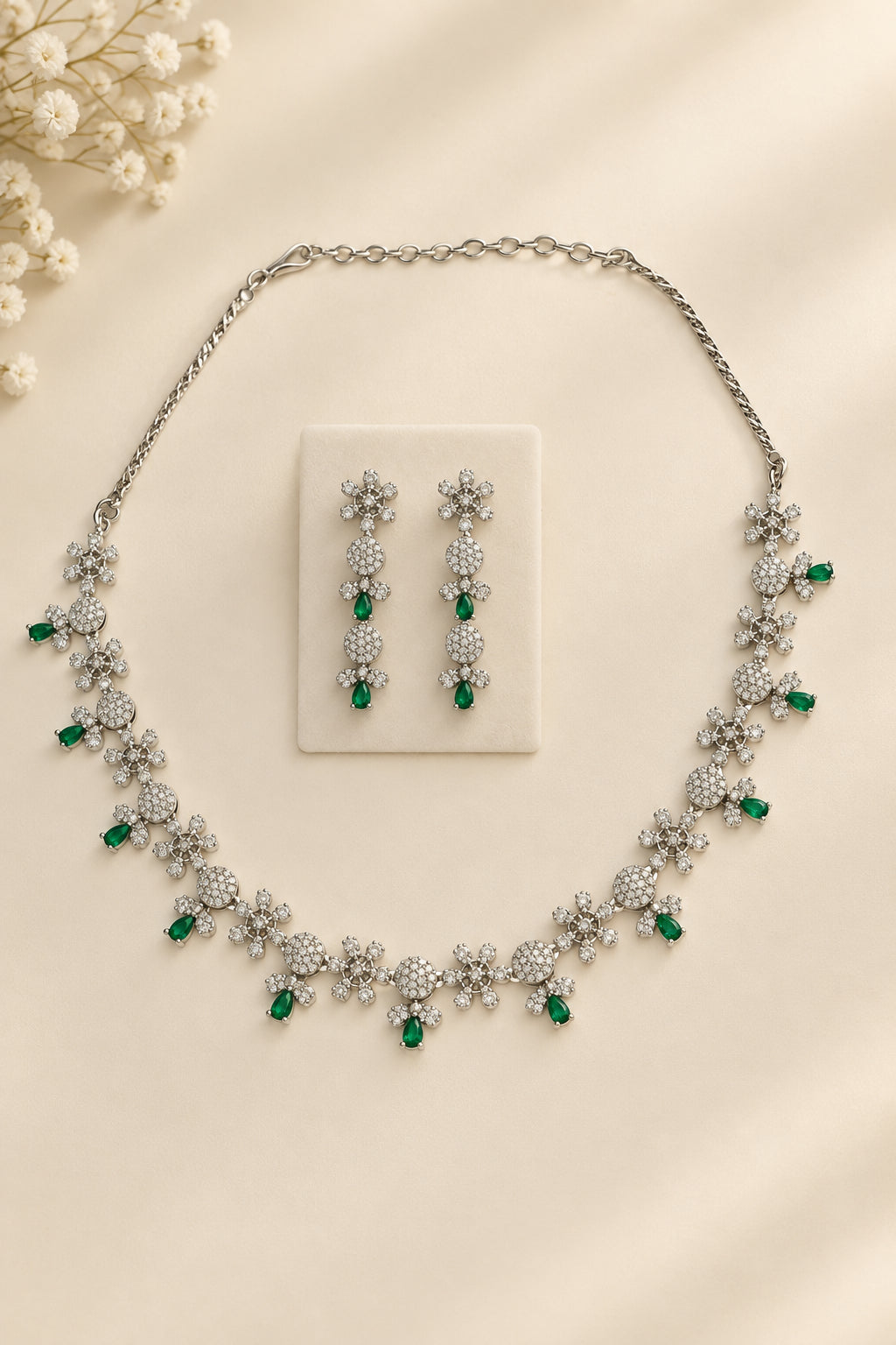 Emerald Green Shami Silver CZ Necklace Set