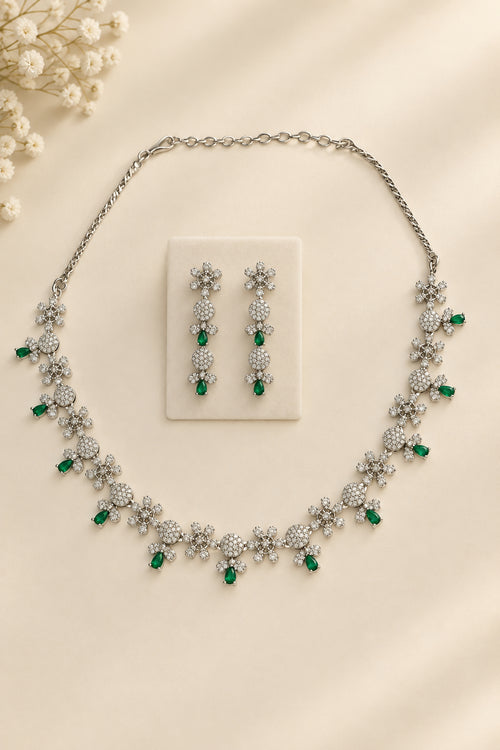 Emerald Green Shami Silver CZ Necklace Set