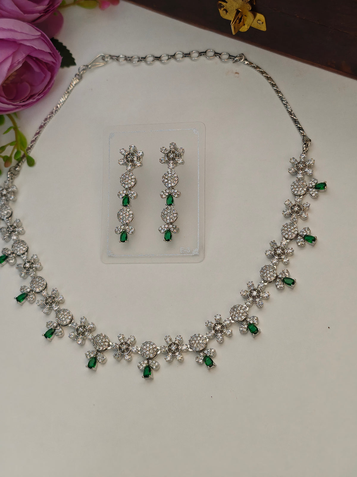 Emerald Green Shami Silver CZ Necklace Set