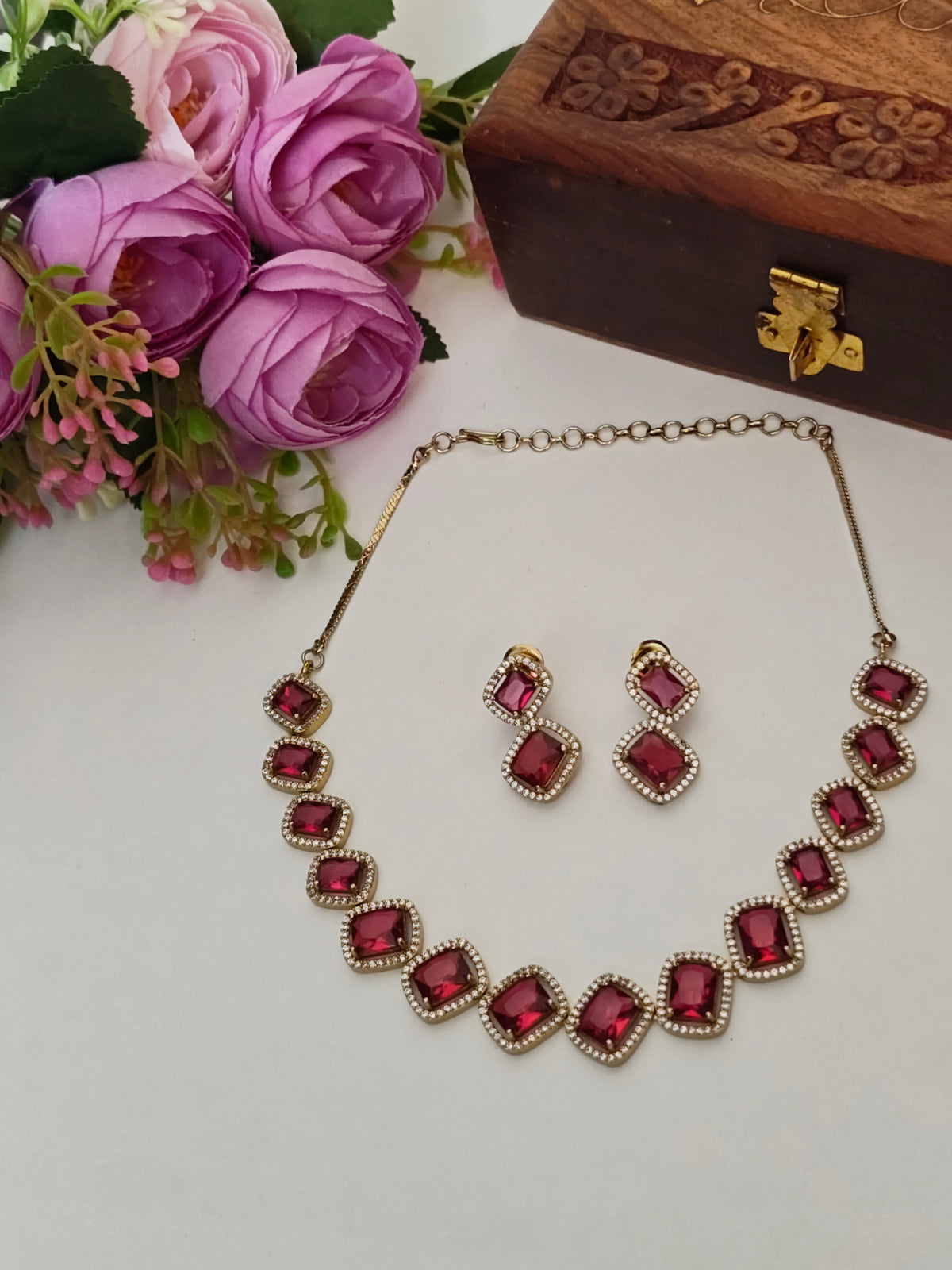 Ruby Pink-Kiara Square-Cut Stone Necklace Set | Gold Finish