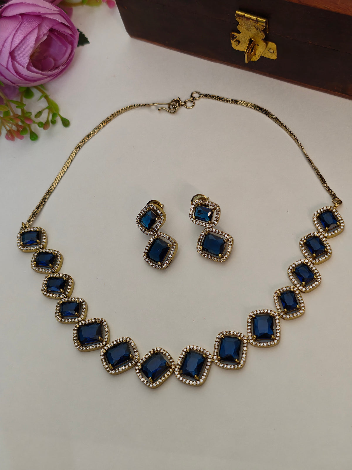Deep Blue Kiara Square-Cut Stone Necklace Set | Gold Finish