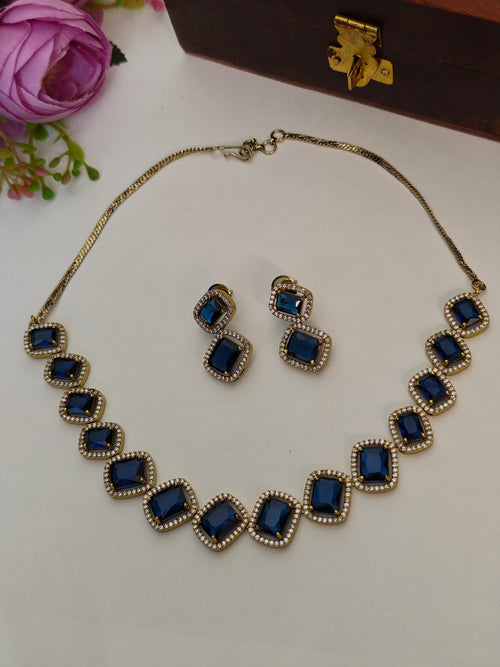 Deep Blue Kiara Square-Cut Stone Necklace Set | Gold Finish