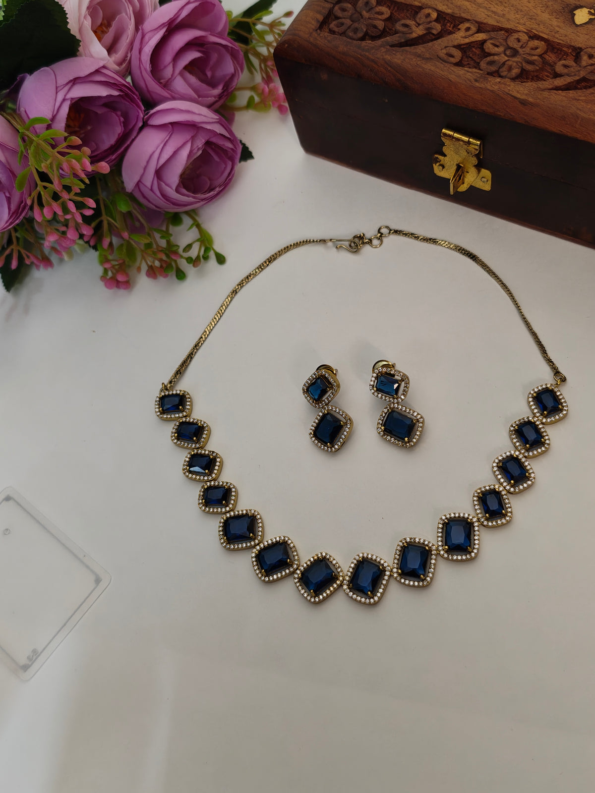 Deep Blue Kiara Square-Cut Stone Necklace Set | Gold Finish