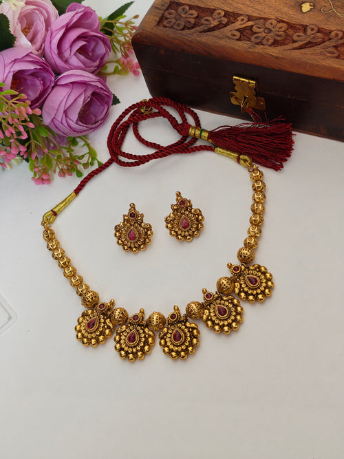 Antique Gold Red Stone-Tara Necklace Set