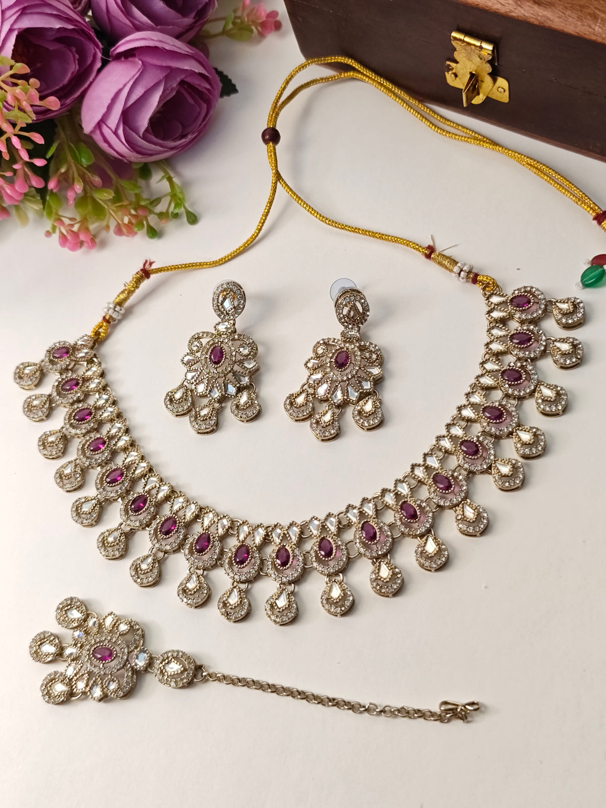 Wine Rhea Floral Necklace Set with Tika | Gold Finish