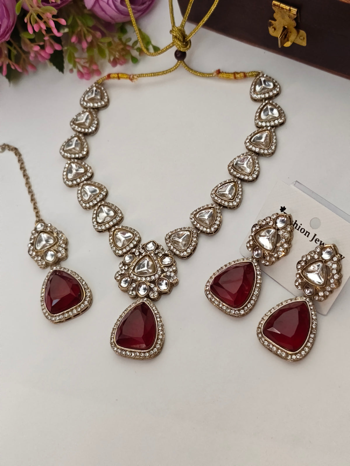 Ruby Red-Eve Triangular Stone Necklace set | Gold Finish