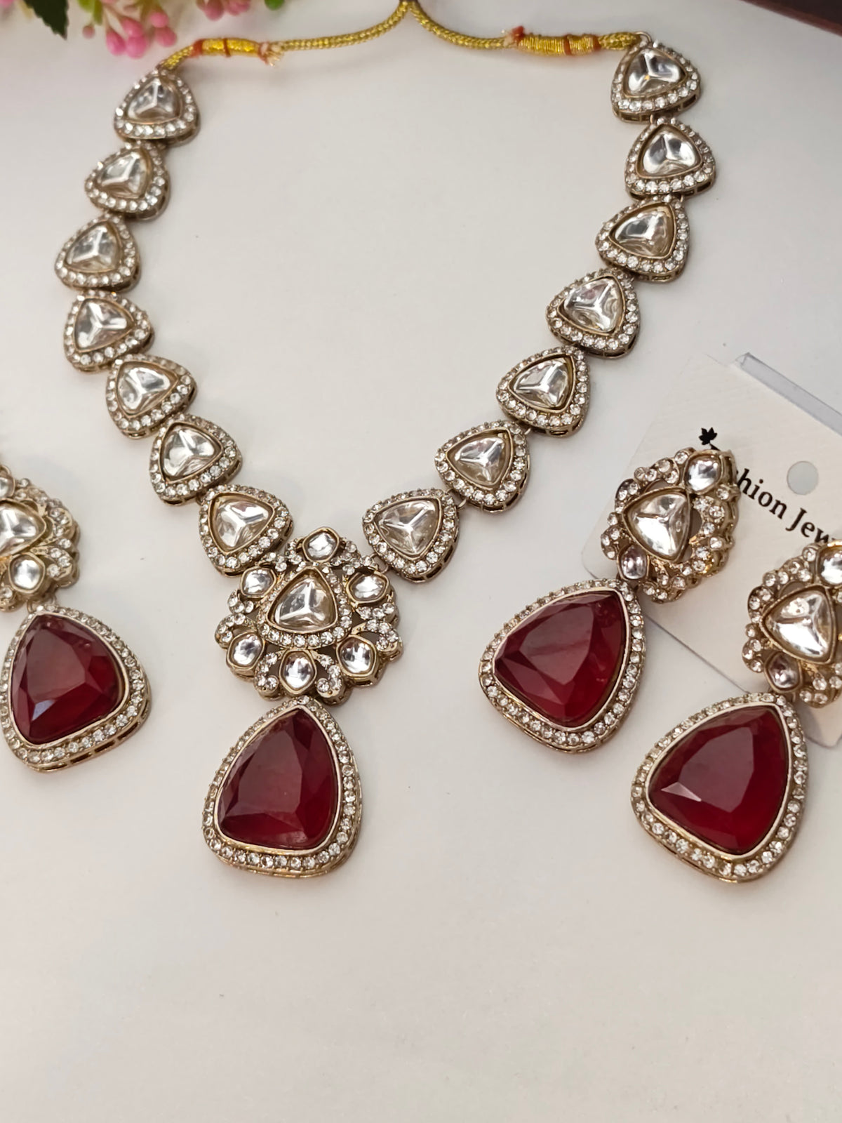 Ruby Red-Eve Triangular Stone Necklace set | Gold Finish
