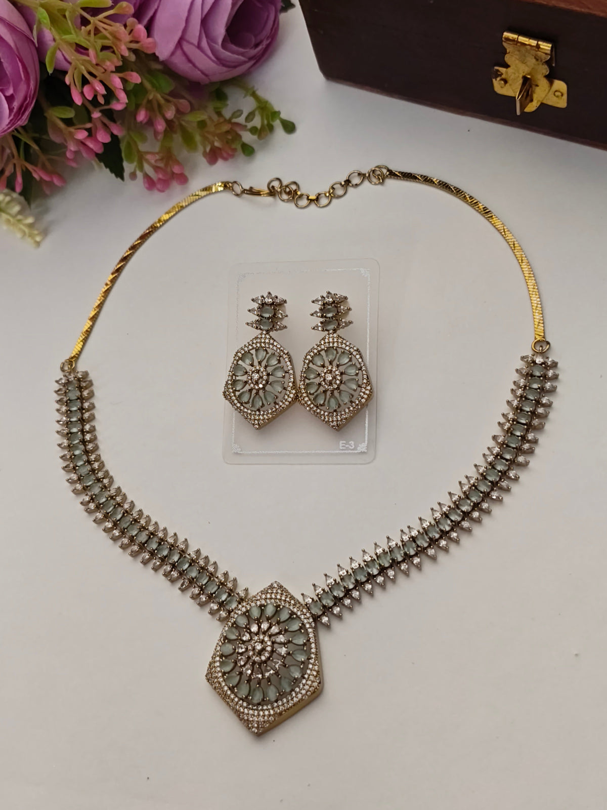 Mint Lily CZ Necklace Set | Gold Finish