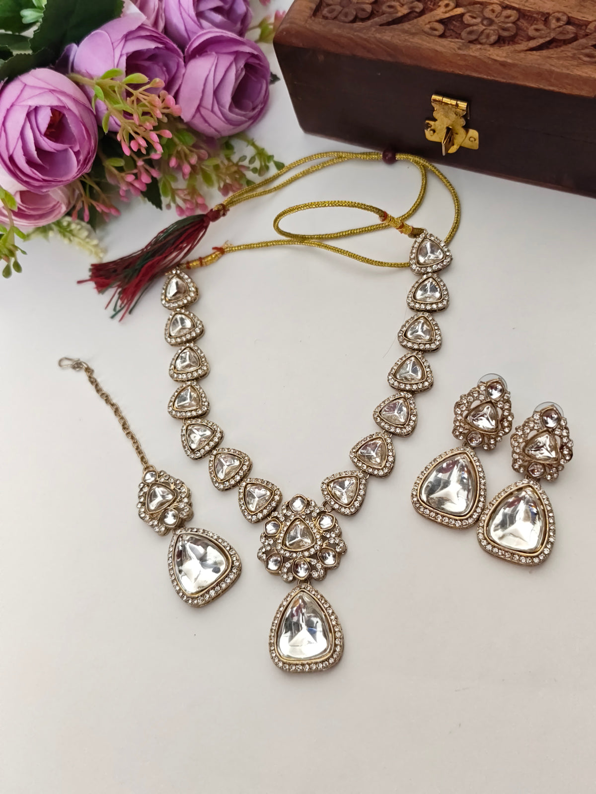 White Stone Victorian Necklace Set With Tika| Gold Finish