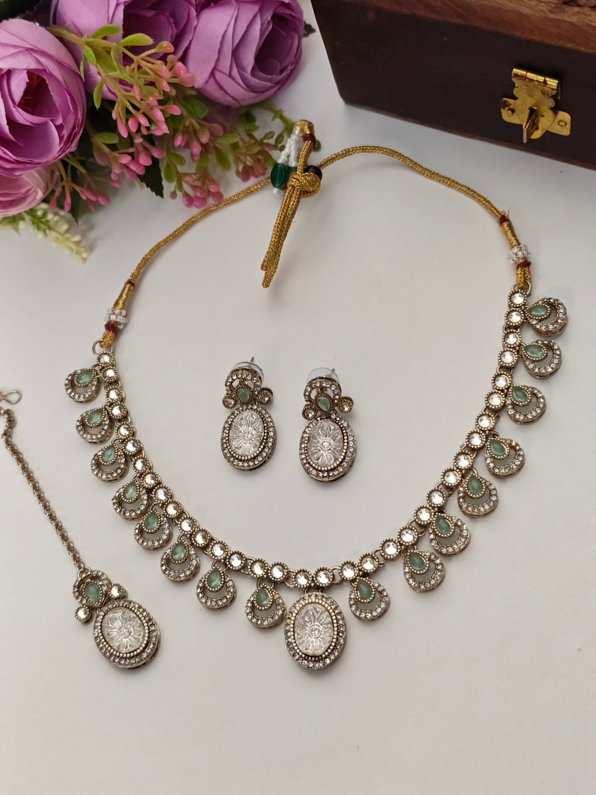 Mint Green Meera Teardrop Floral Necklace Set With Tika | Gold Finish