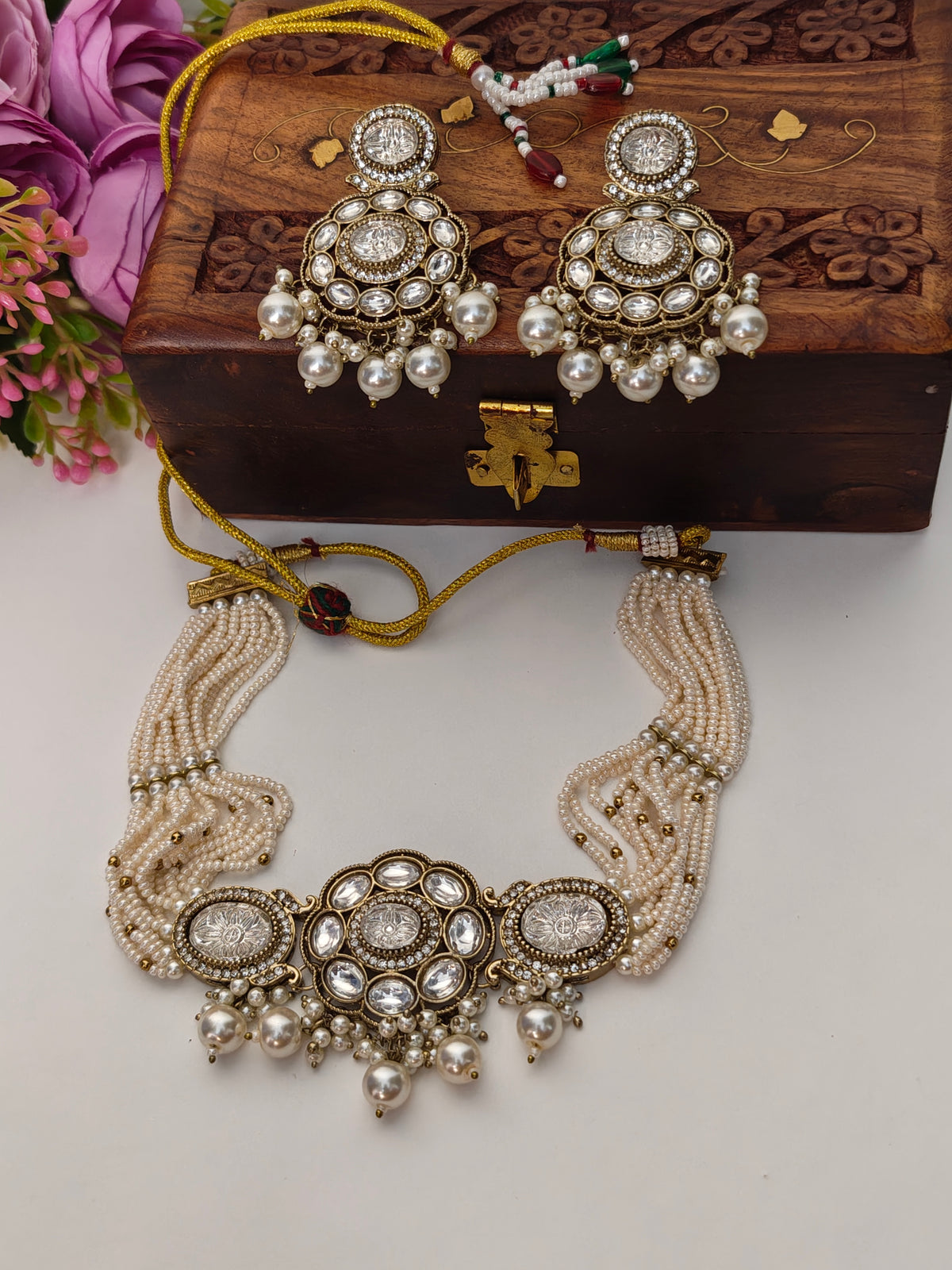 Pearl White Aanya Choker Set | Gold Finish