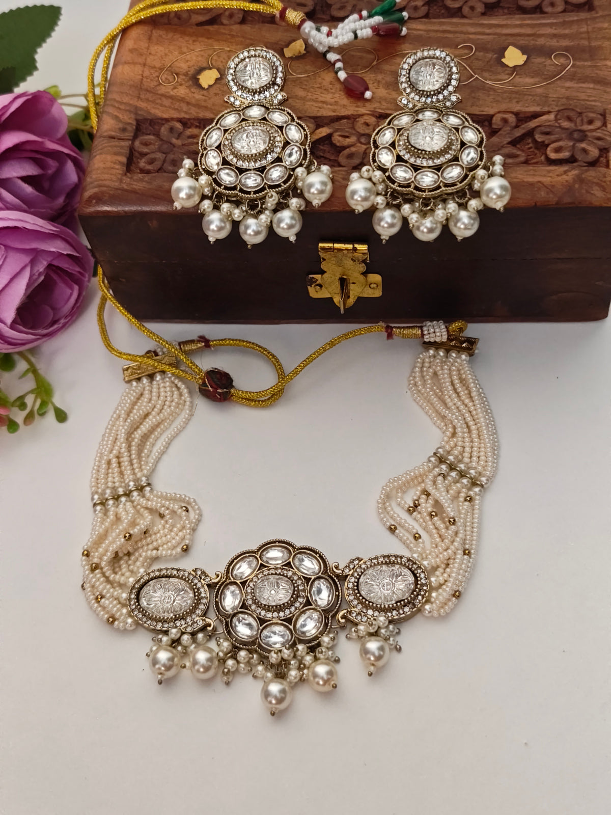 Pearl White Aanya Choker Set | Gold Finish