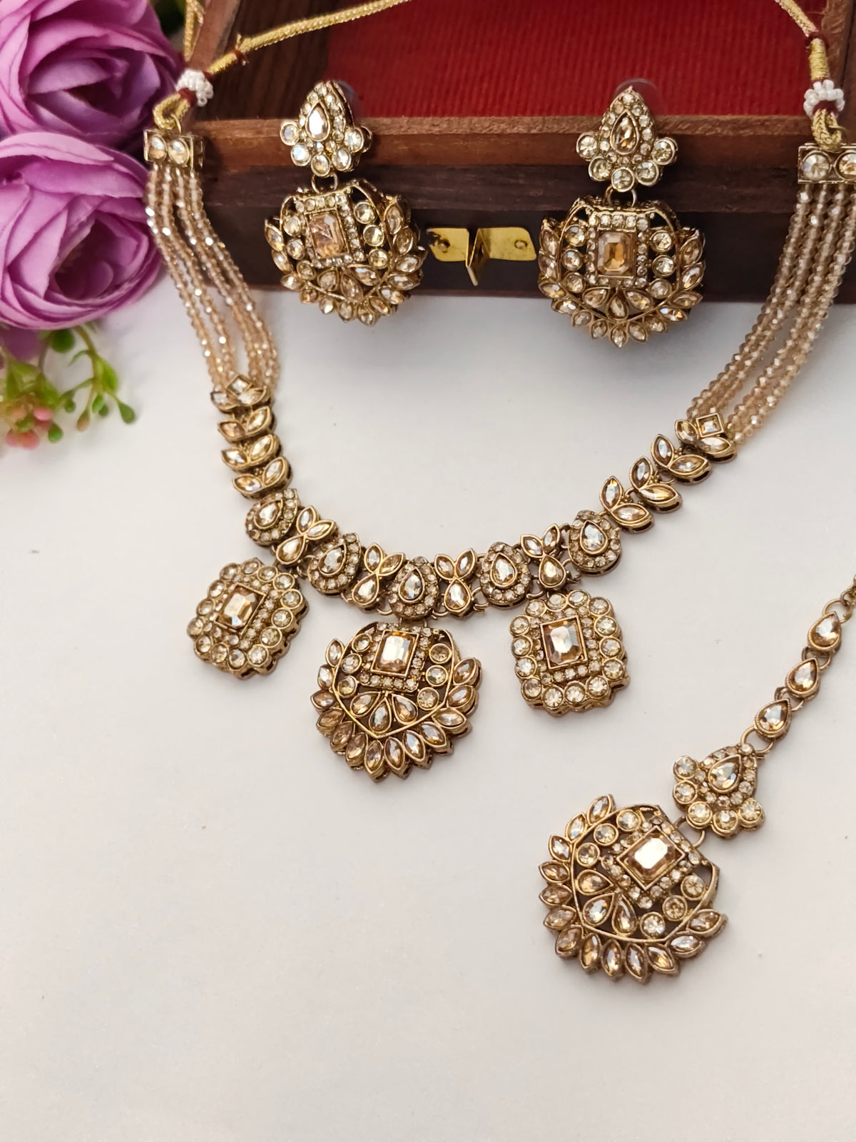 Light Gold-Divya Floral Beaded Necklace Set | Gold Finish