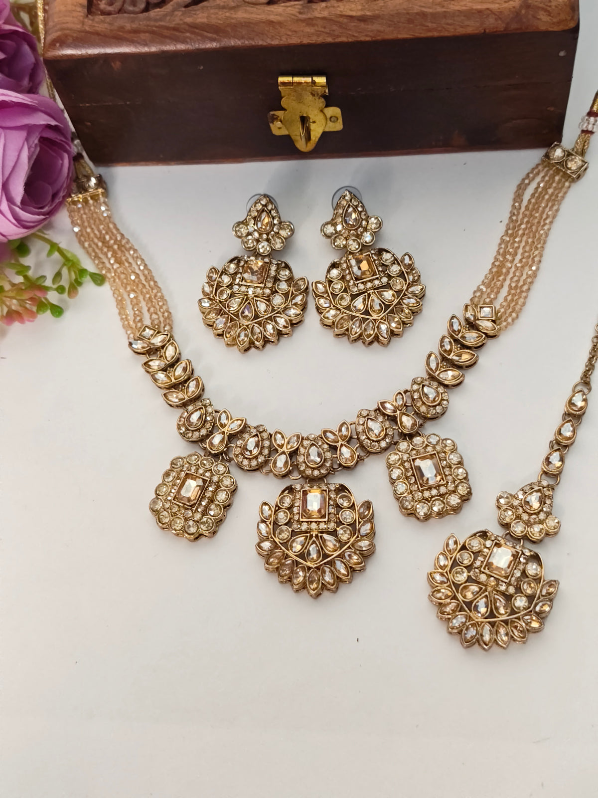 Light Gold-Divya Floral Beaded Necklace Set | Gold Finish