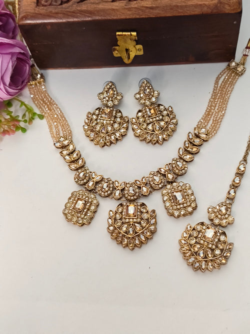 Light Gold-Divya Floral Beaded Necklace Set | Gold Finish