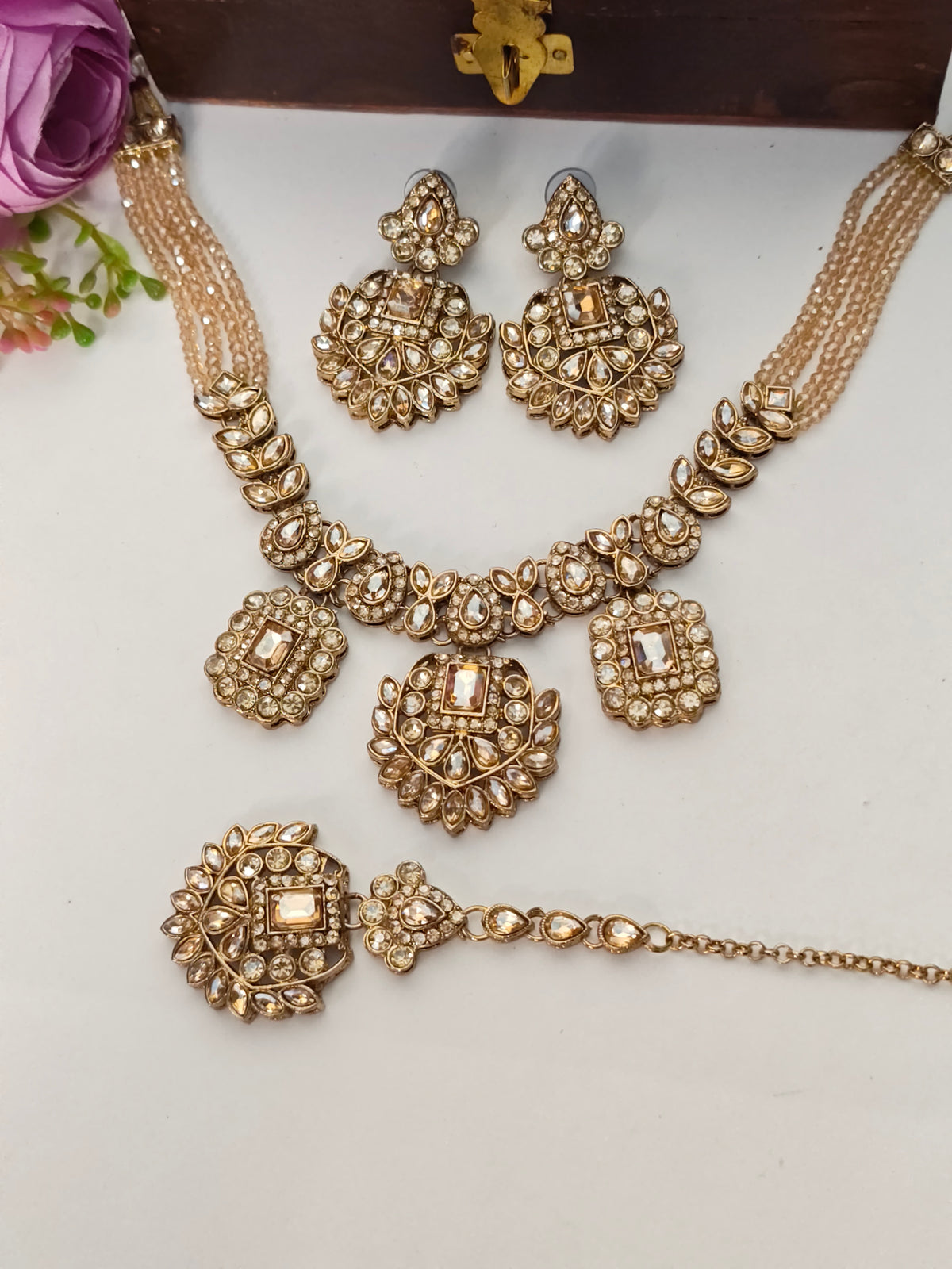 Light Gold-Divya Floral Beaded Necklace Set | Gold Finish