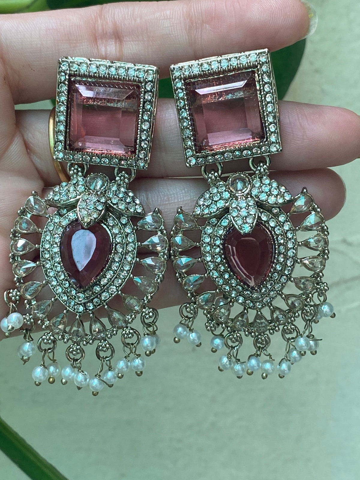 Wine Stone Pearl Drop Danglers