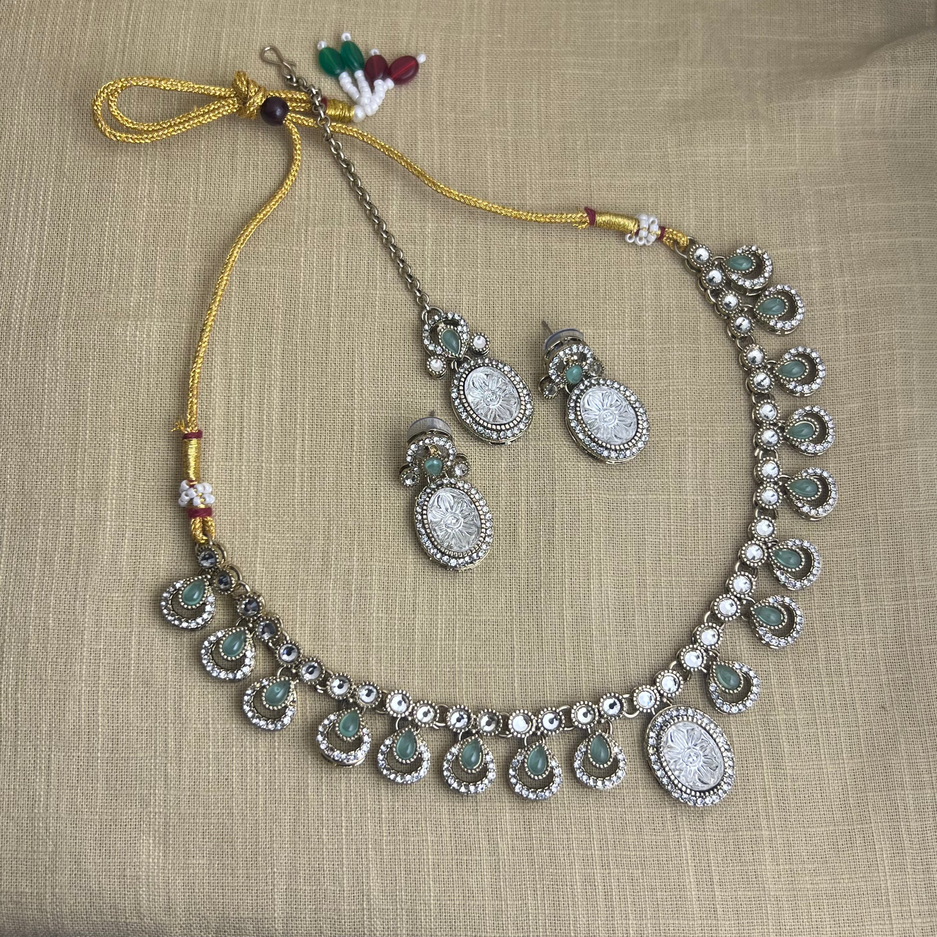 Mint Green Meera Teardrop Floral Necklace Set With Tika | Gold Finish