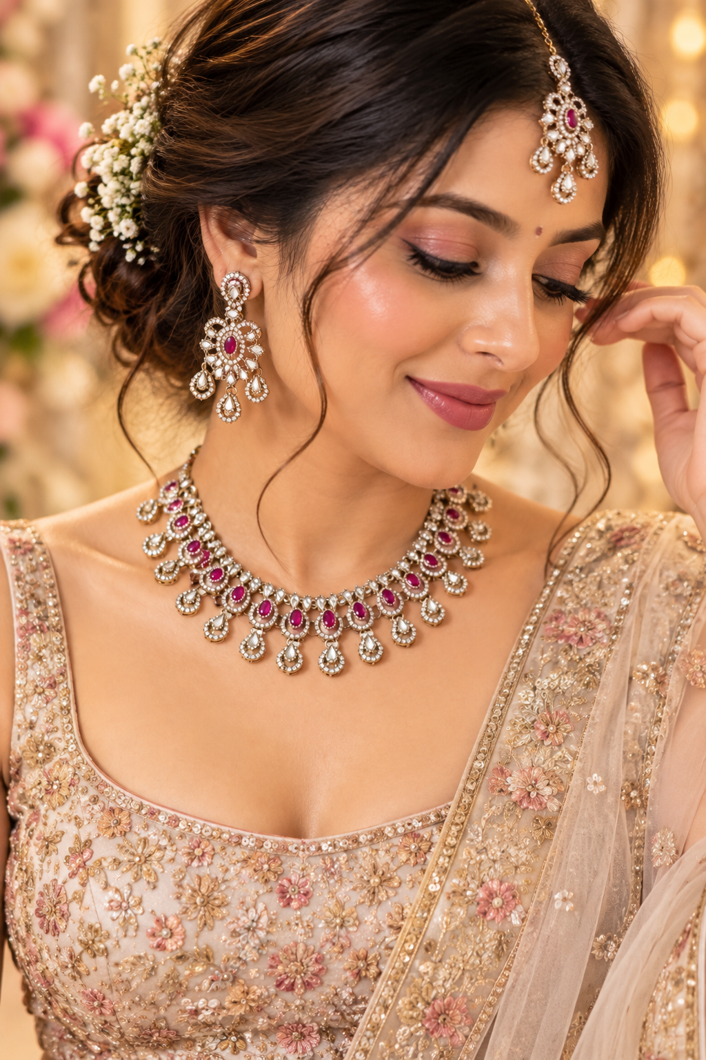 Wine Rhea Floral Necklace Set with Tika | Gold Finish