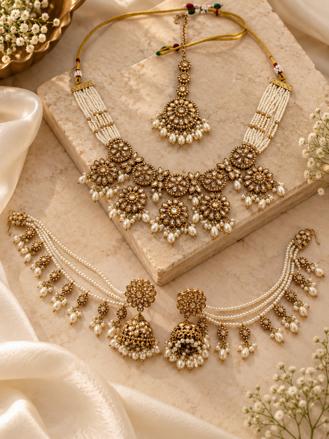 Pearl White-Aadhya Floral Necklace Set With Ear Chains and Tika| Gold Finish