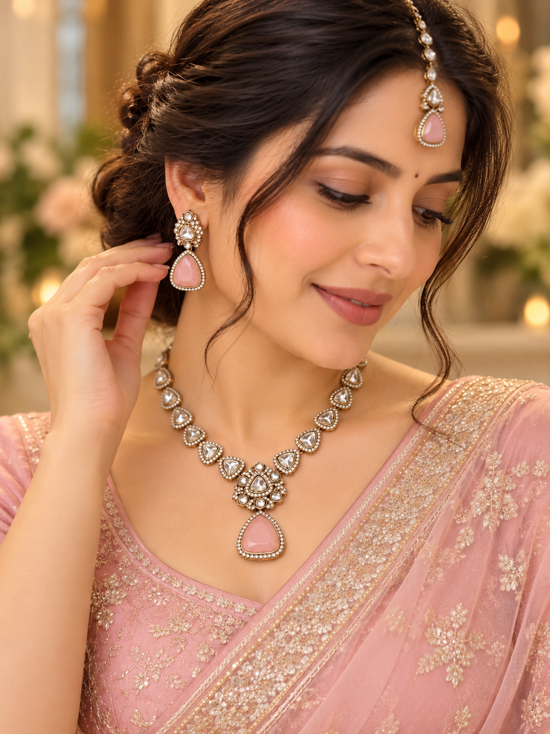 Pink Elara Triangular Stone Necklace Set With Tika | Gold Finish