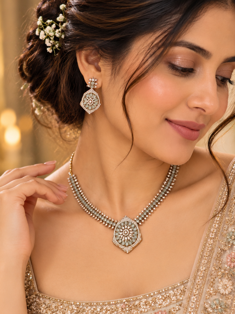 Mint Lily CZ Necklace Set | Gold Finish