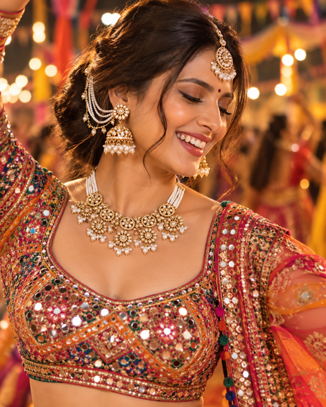 Pearl White-Aadhya Floral Necklace Set With Ear Chains and Tika| Gold Finish