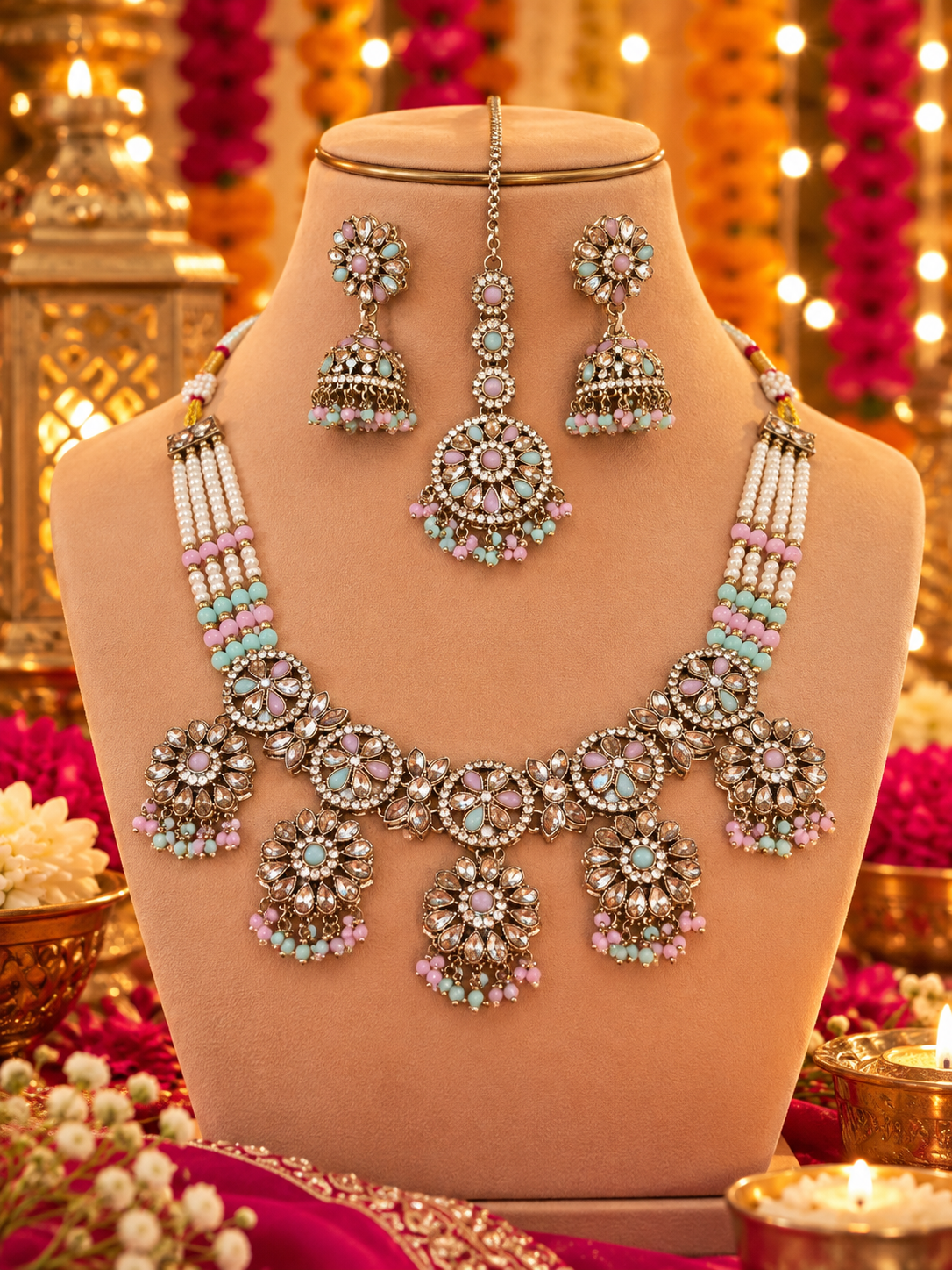 Pastel Multicolour-Zubi Pearl Necklace Set With Tika | Gold Finish