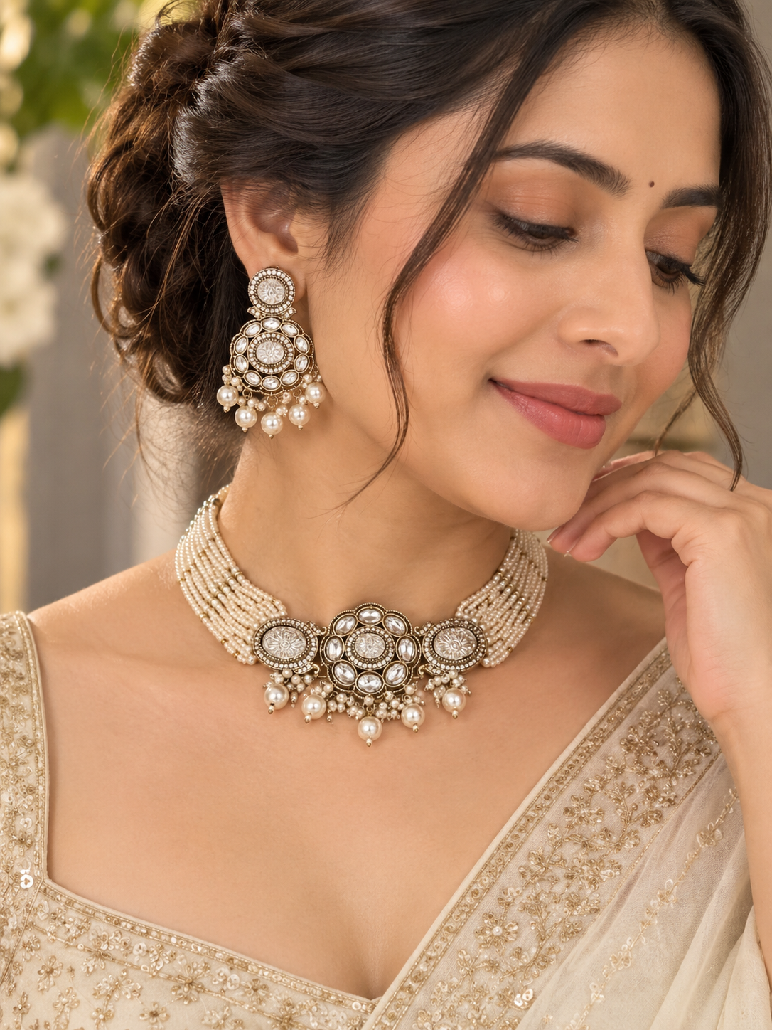 Pearl White Aanya Choker Set | Gold Finish