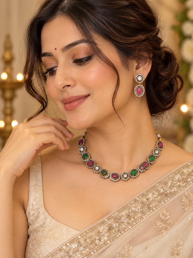 Emerald Green-Ruby Ria Necklace Set