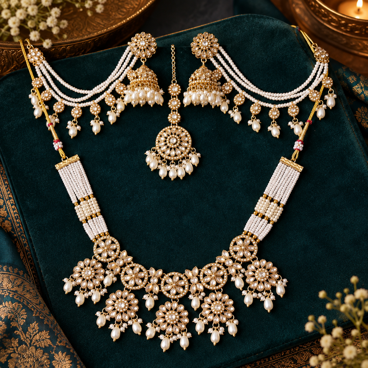 Pearl White-Aadhya Floral Necklace Set With Ear Chains and Tika| Gold Finish