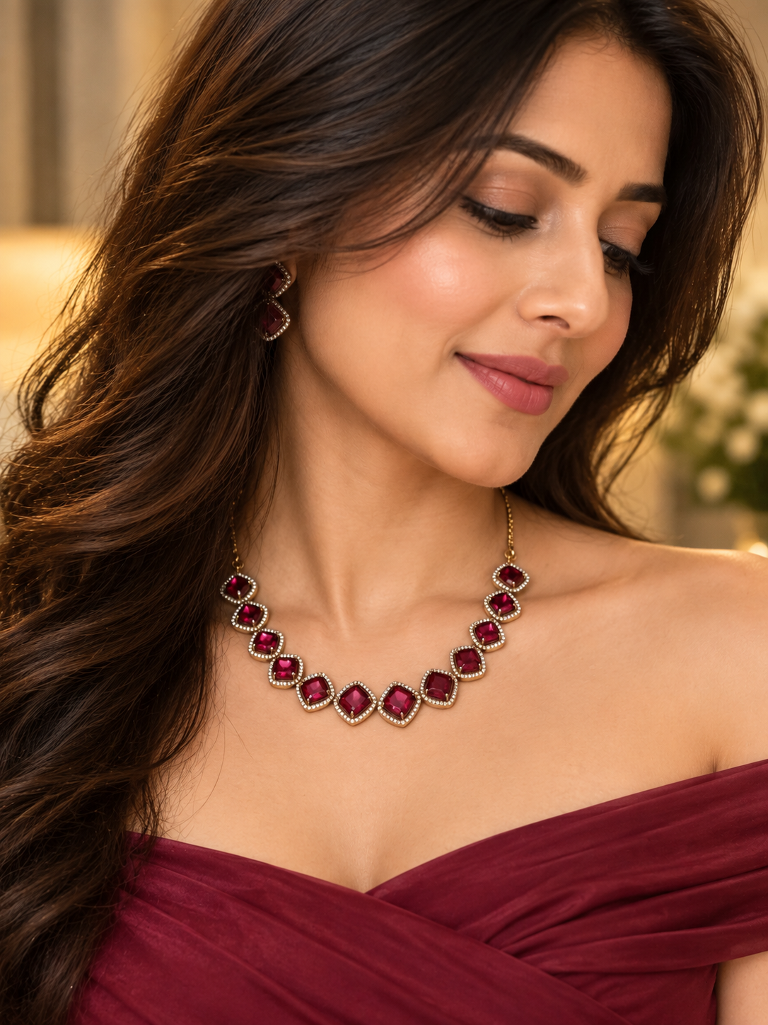 Ruby Pink-Kiara Square-Cut Stone Necklace Set | Gold Finish