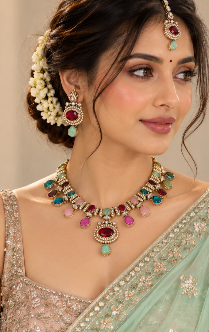 Multicolour-Zoya Victorian Necklace Set With Maang Tika| Gold Finish